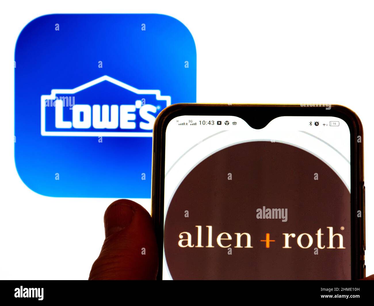 In this photo illustration, the Allen + Roth, Home Decor logo is displayed on a smartphone
