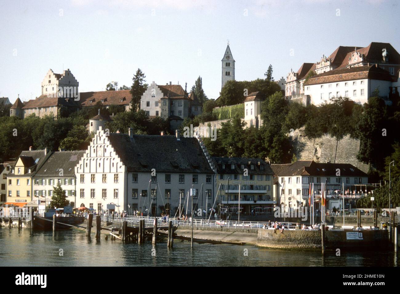 View of the harbour and waterfront from Lake Constance in 1981, Meersburg, Baden-Württemberg, Germany Stock Photo