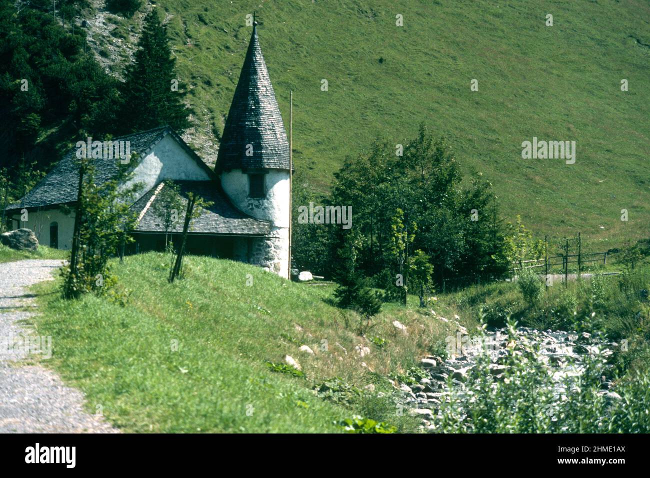 Chapel on Alpine hillside in 1981, Steg, Liechtenstein Stock Photo