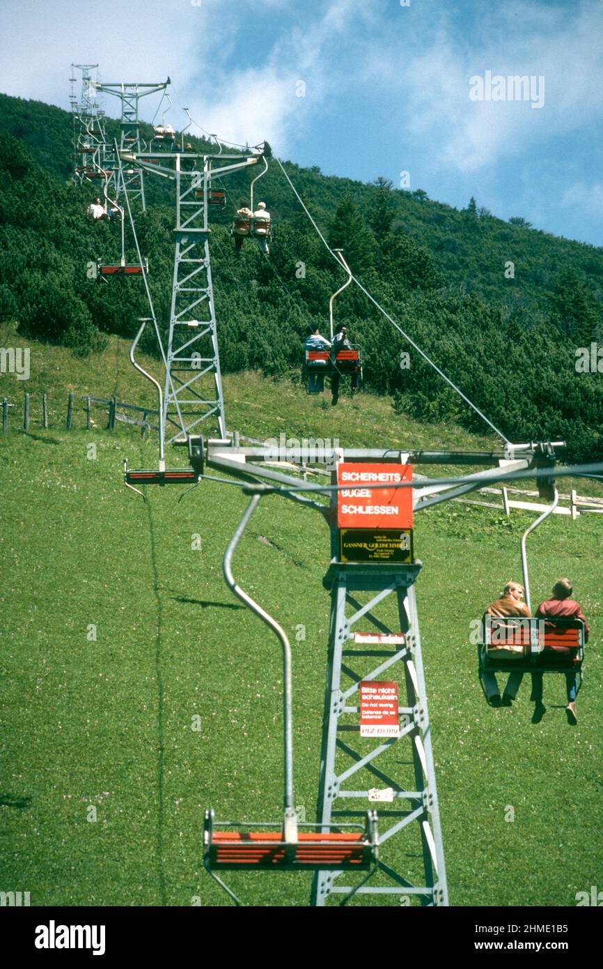 Chair lift in Alpine mountainside in 1981, Malbun, Liechtenstein Stock Photo