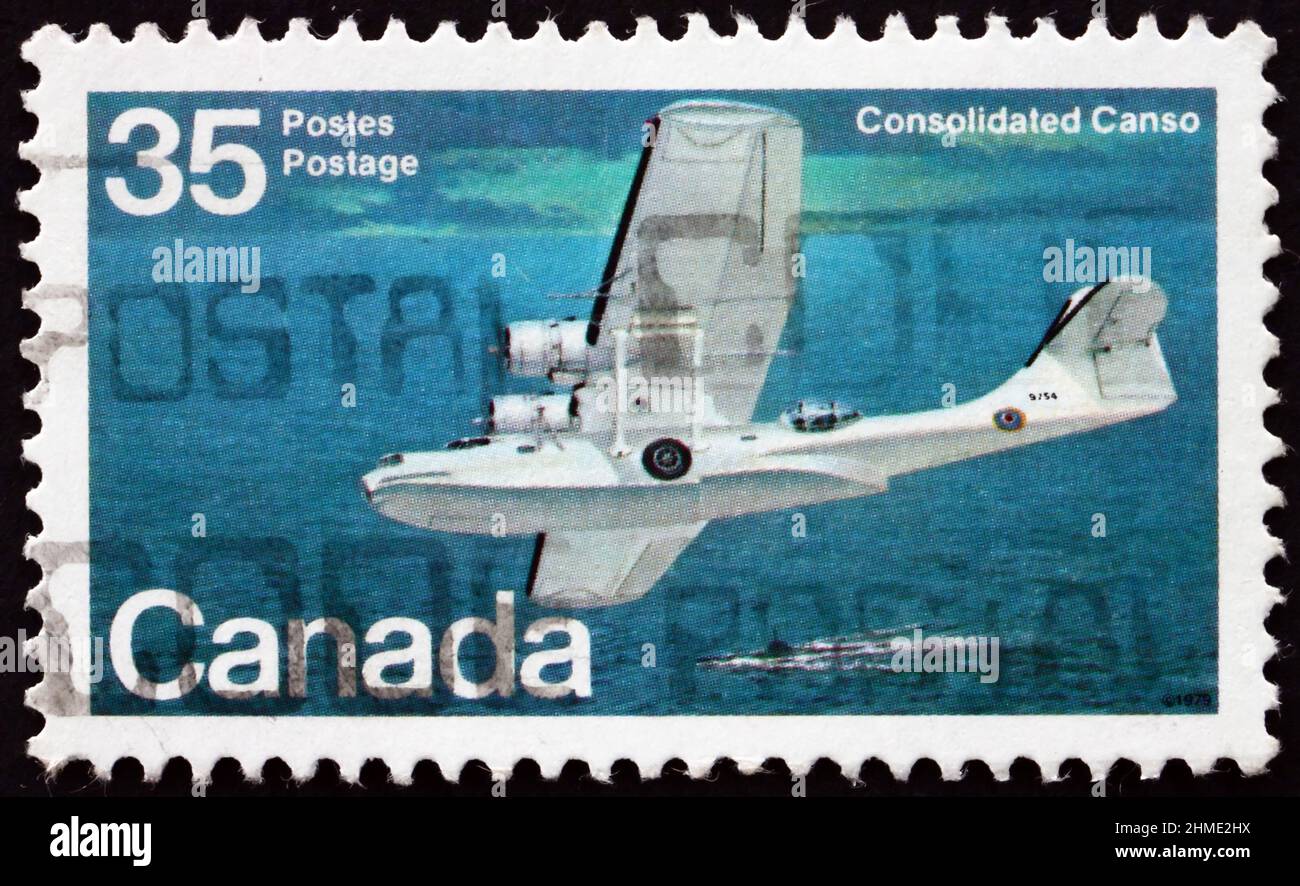 CANADA - CIRCA 1979: a stamp printed in Canada shows Consolidated Canso, a Canadian-made version of Consolidated PBY Catalina, American twin-engine, m Stock Photo