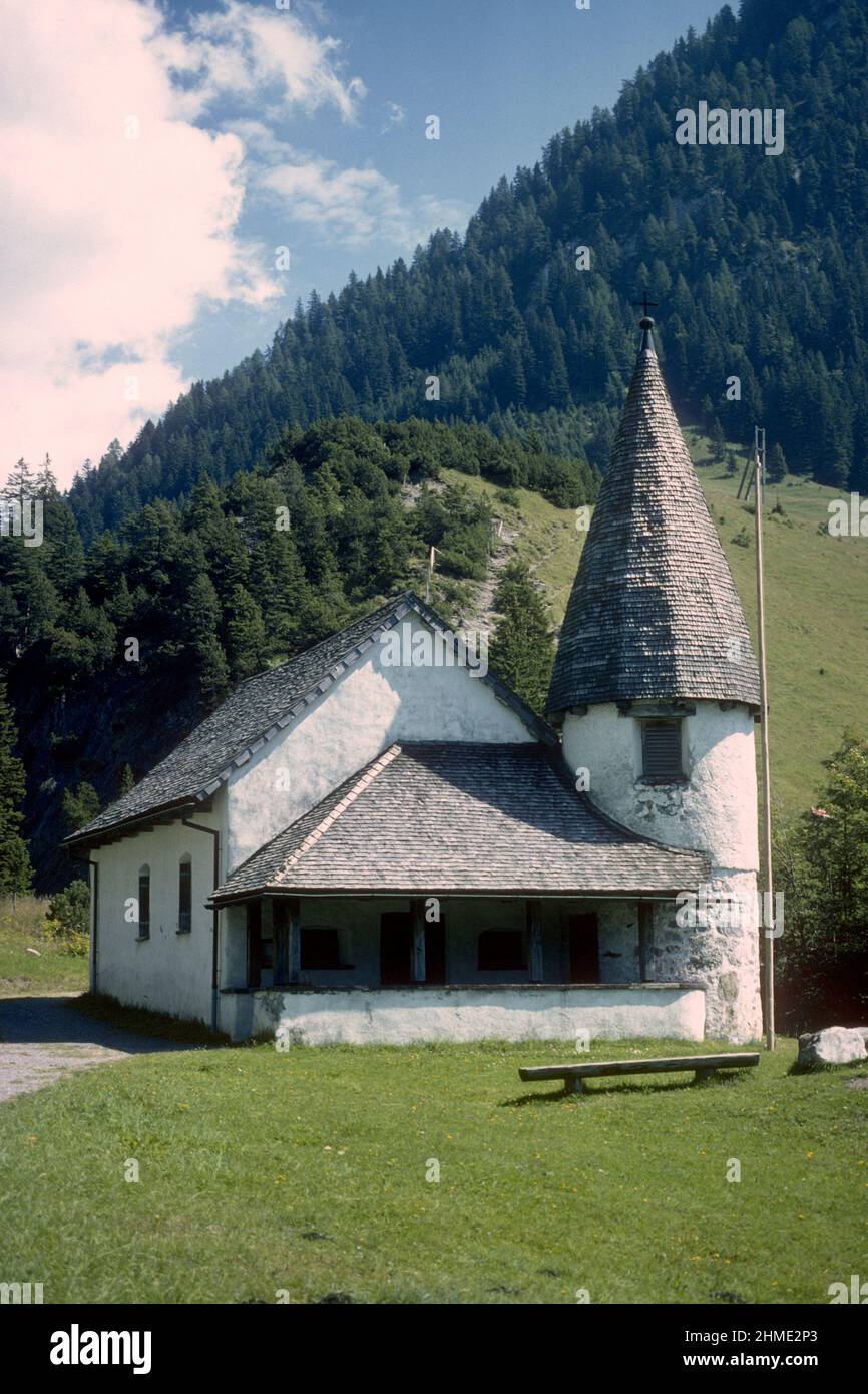 Chapel on Alpine hillside in 1981, Steg, Liechtenstein Stock Photo