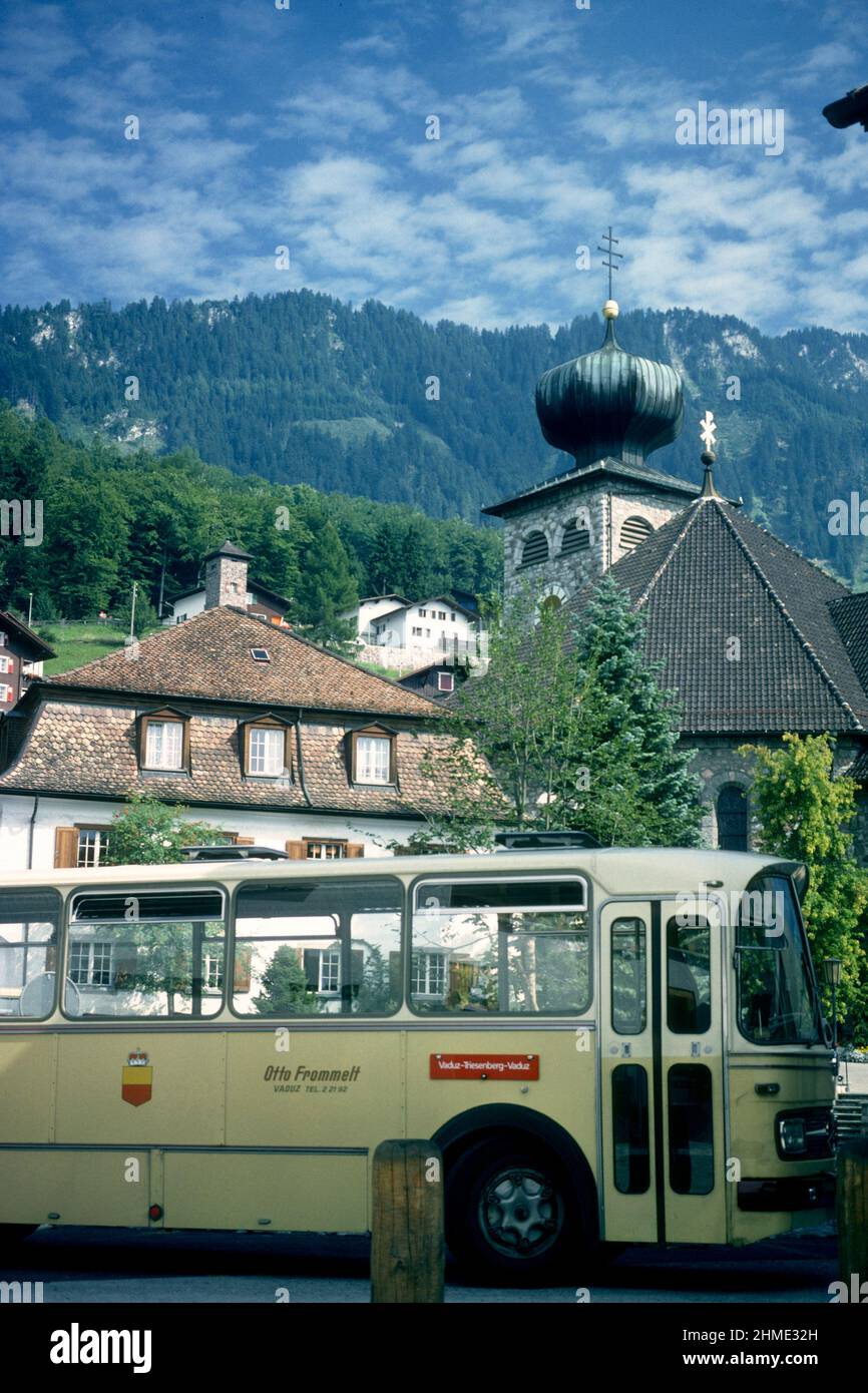 Bus at bus stop in the town centre in 1981, Triesenberg, Liechtenstin Stock Photo