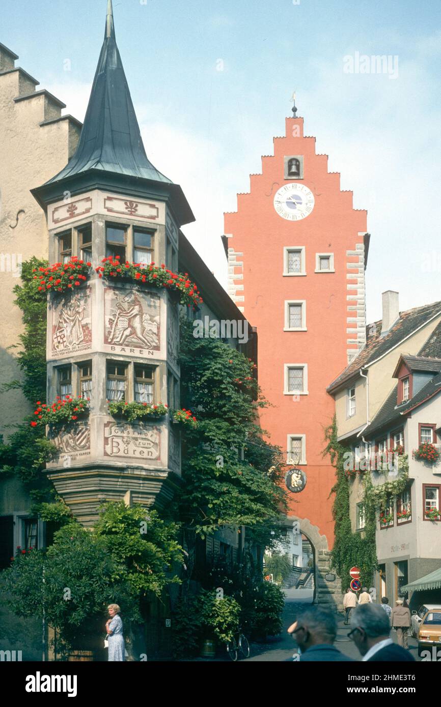 Hotel 'Zum Bären' and Oberstor town gate in 1981, Meersburg, Baden-Württemberg, Germany Stock Photo