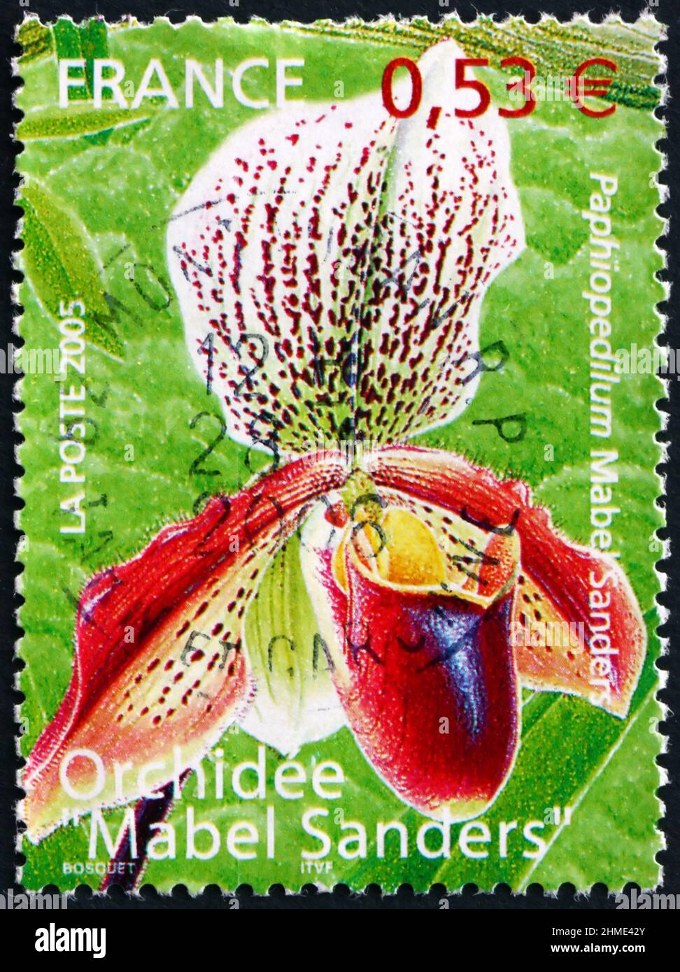 FRANCE - CIRCA 2005: a stamp printed in France shows Paphiopedilum Mabel Sanders, is an orchid hybrid originated by Opoix in 1919., circa 2005 Stock Photo