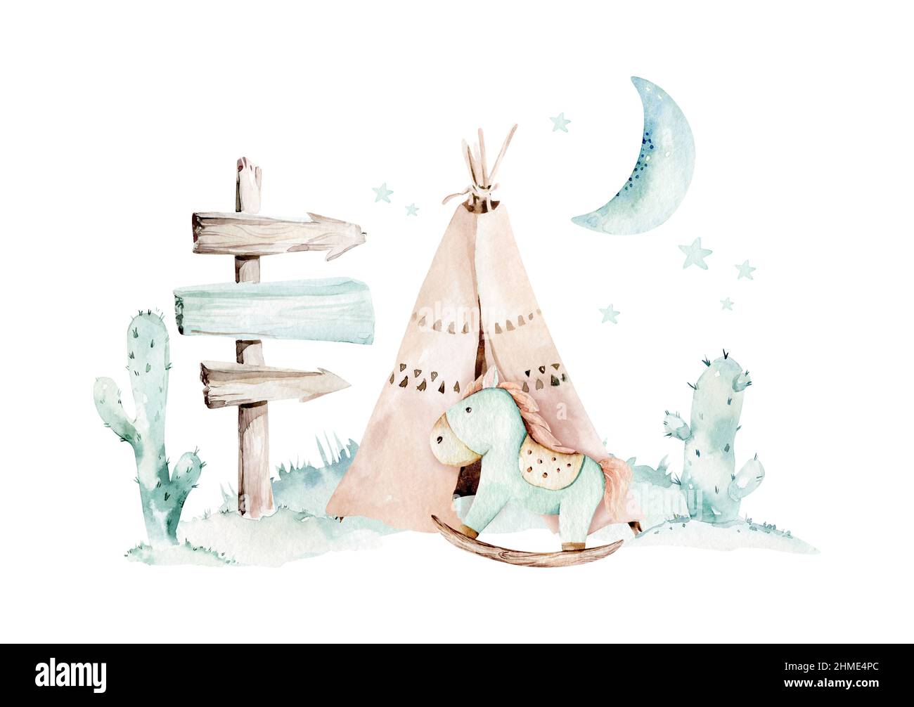 Watercolor set with mexican ethnic elements: cactus ,teepee, traditional wigwam, Boho party invitation. Baby boy baby shower. Wild west Stock Photo