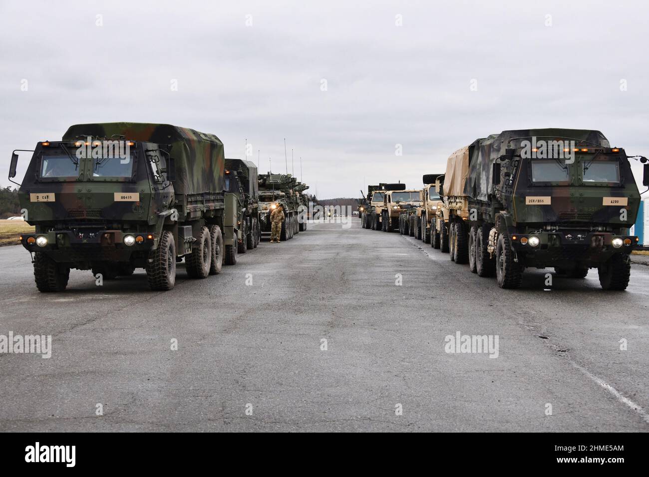 Grafenwoehr, Germany. 09th Feb, 2022. Various tactical vehicles assigned to the 2nd Squadron, 2nd Cavalry Regiment await to be loaded onto trucks at the 7th Army Training Command's Rose Barracks Air Field, Vilseck, Germany, on February 9, 2022. The Squadron will deploy to Romania in the coming days to augment the more than 900 U.S. service members already in Romania. This move is designed to respond to the current security environment and to reinforce the deterrent and defensive posture on NATO's eastern flank. Photo by Gertrud Zach/U.S. Army/UPI Credit: UPI/Alamy Live News Stock Photo