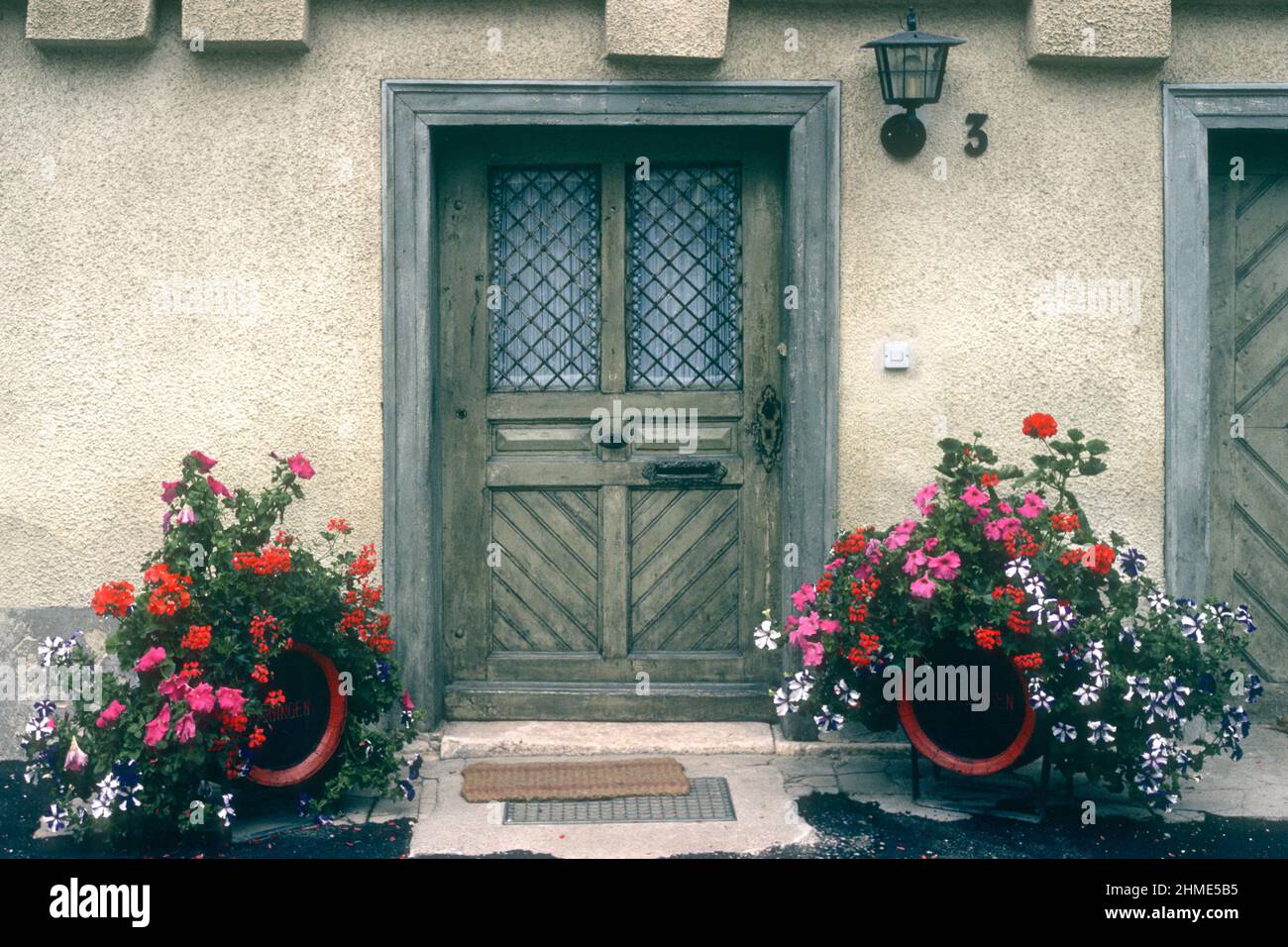 Old wooden door with flowers outside in 1981, Fridingen, Baden-Württemberg, Germany Stock Photo