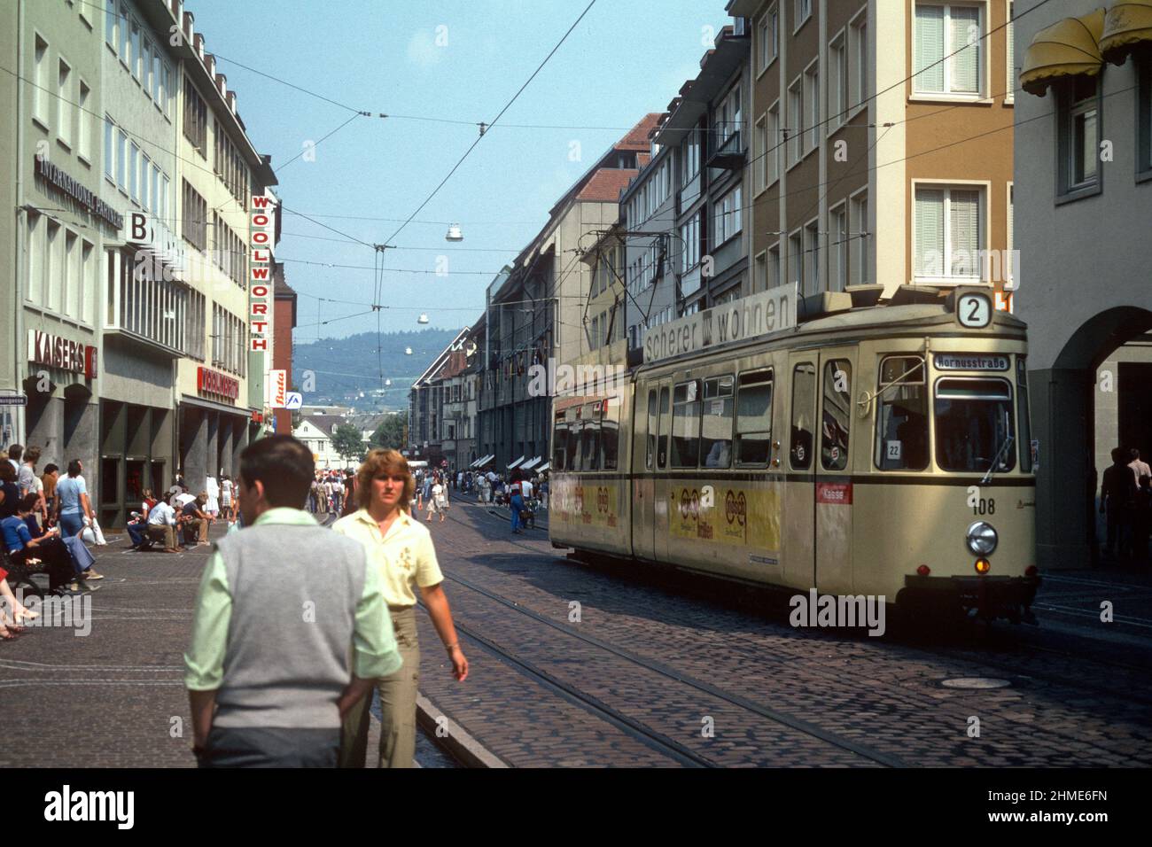 Street scene with tram in 1981, Freiburg, Baden-Württemberg, Germany Stock Photo