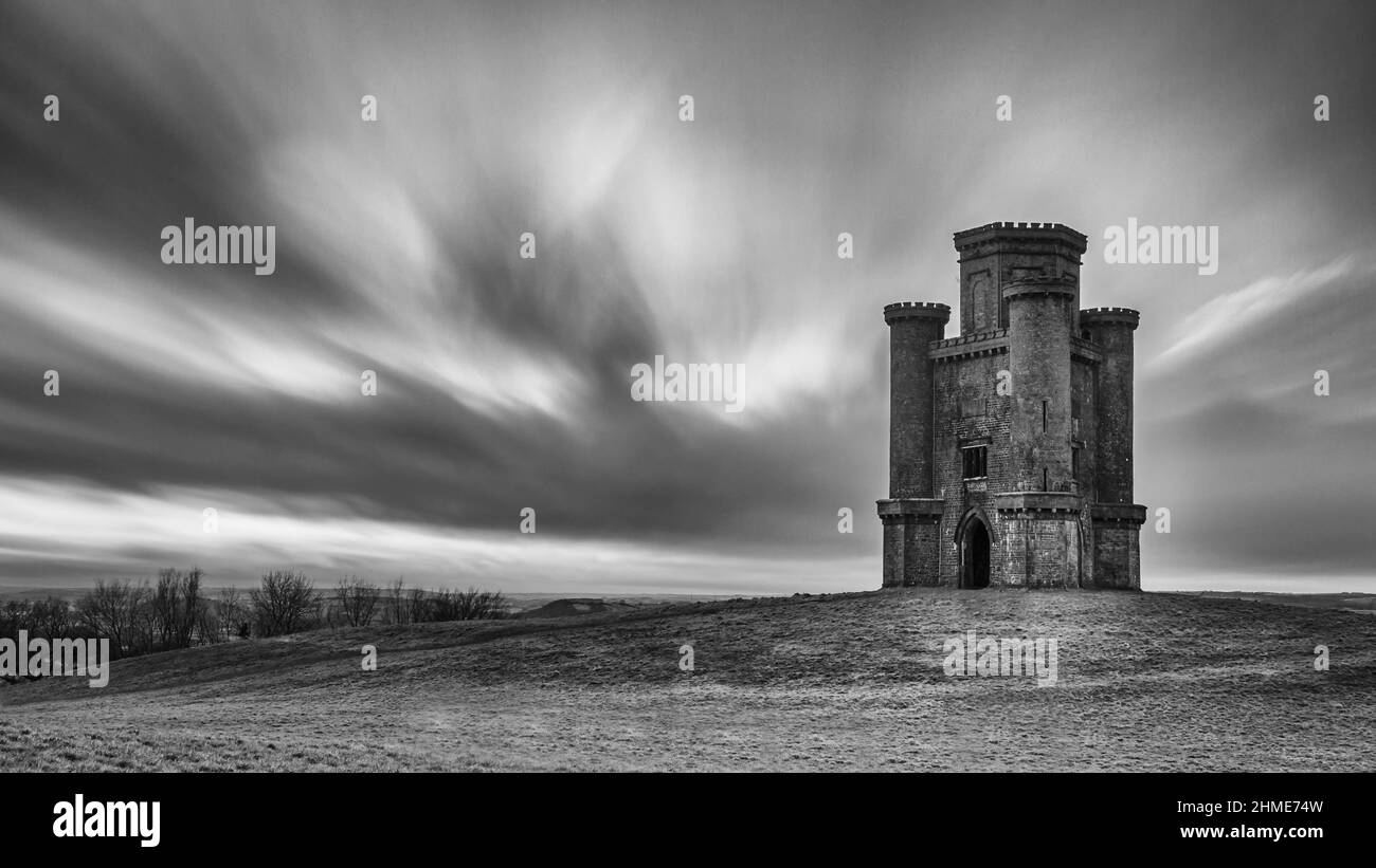 Long exposure image of Paxton Tower in monochrome Stock Photo