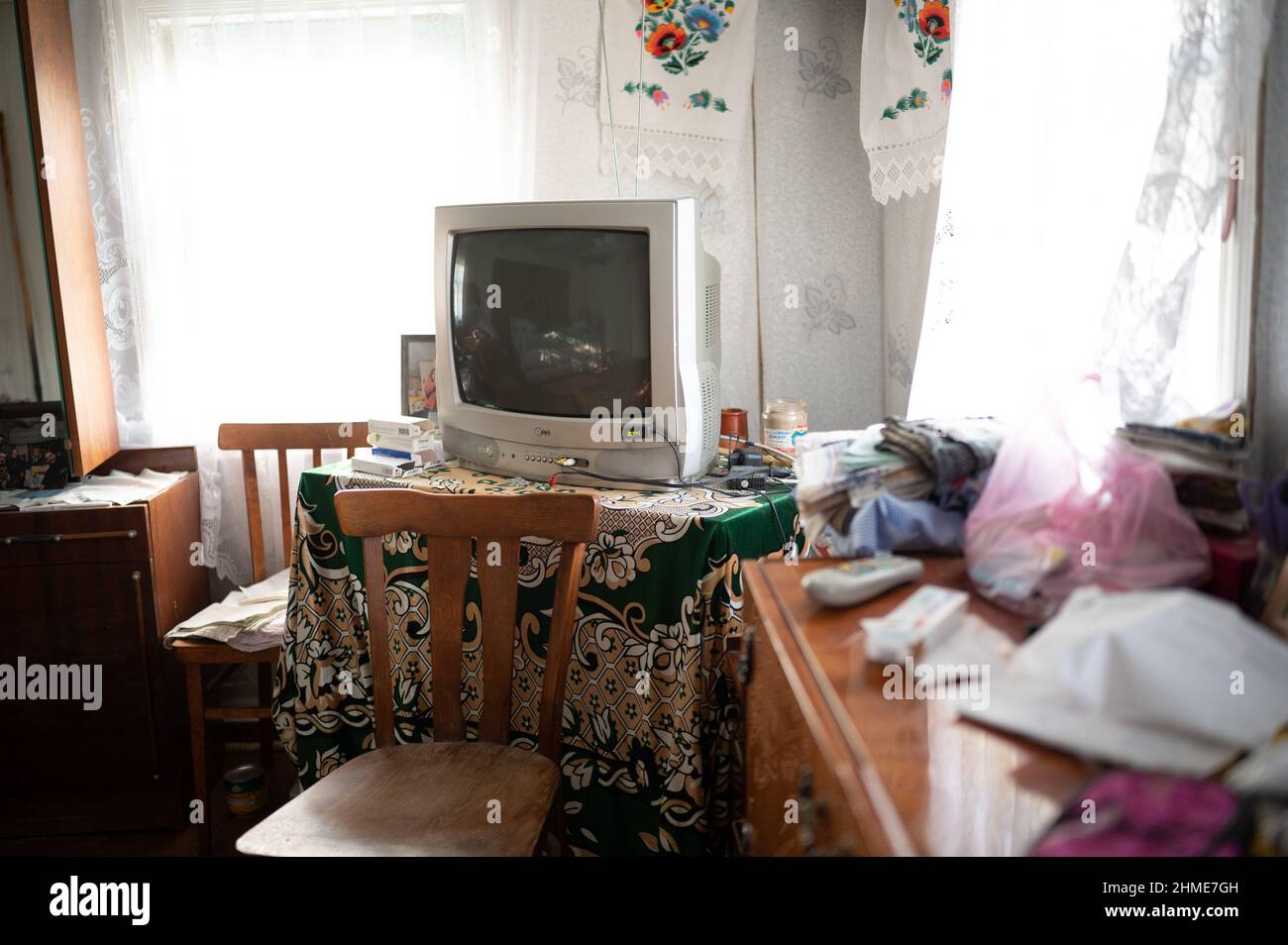 Inside the home of Baba Gania, one of the most famous Chernobyl resettlers, in Kupovate, Ukraine near the Chernobyl Nuclear Power Plant. Stock Photo