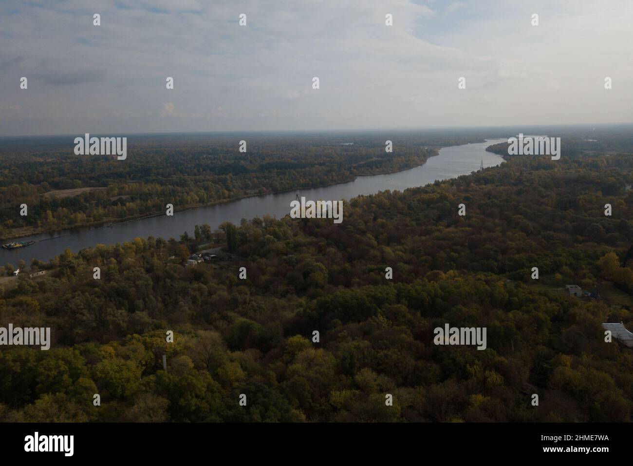 Aerial views of the Pripyat River and the surrounding forest from Chernobyl, Ukraine, near the Chernobyl Nuclear Power Plant. Stock Photo
