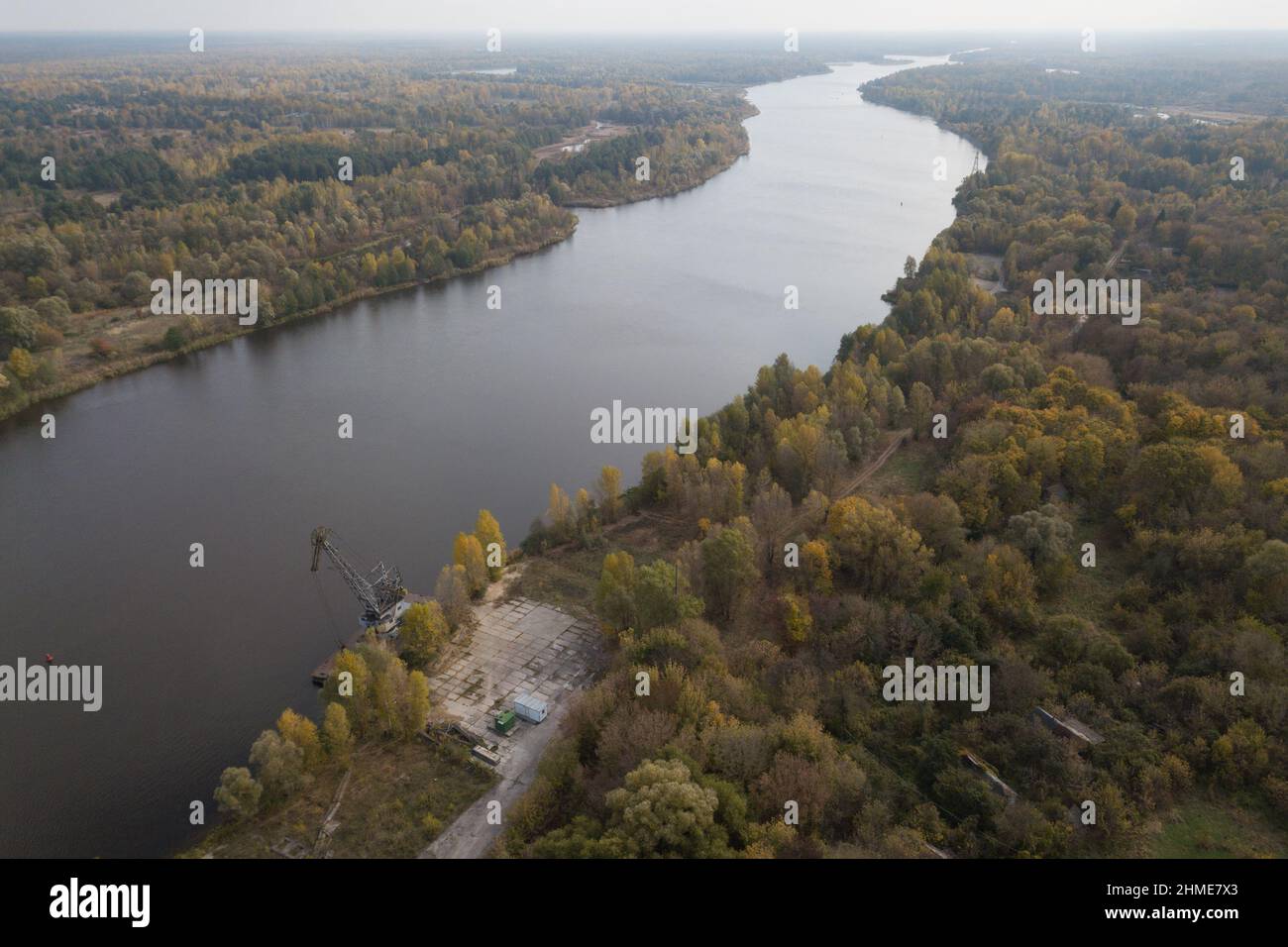 Aerial views of the Pripyat River and the surrounding forest from Chernobyl, Ukraine, near the Chernobyl Nuclear Power Plant. Stock Photo