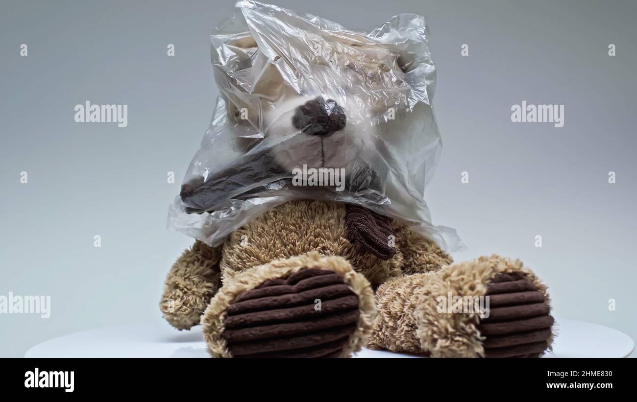 plastic bag on teddy bear isolated on grey Stock Photo