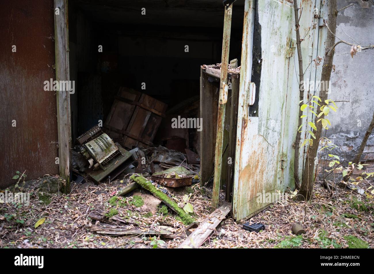 Storage lockers filled with discarded goods in Pripyat, Ukraine near the Chernobyl Nuclear Power Plant. Stock Photo