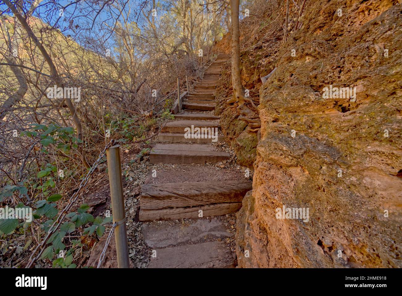 Steps leading down to the Waterfall Cliff of Tonto Natural Bridge State Park Arizona. Stock Photo