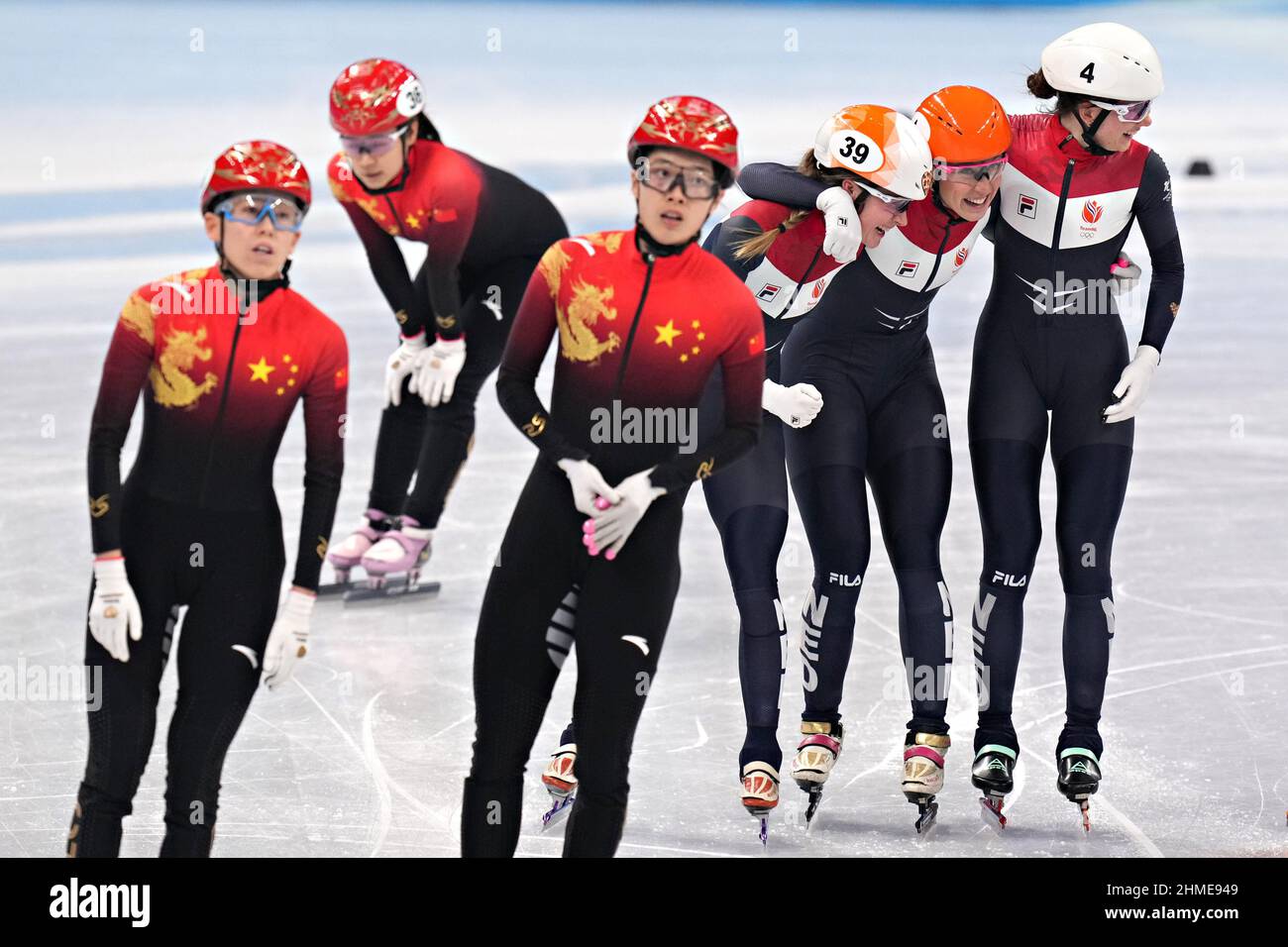 Beijing, China. 09th Feb, 2022. The Netherlands team celebrates making the  final round as they slipped past the Chinese team during the Women's 3000m  Short Track Team Relay Speed Skating competition in