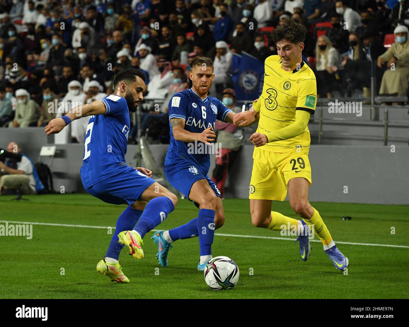 Al-Hilal's Mohammed Al-Breik (left) and Gustavo Cuellar battle with Chelsea's Kai Havertz during the FIFA Club World Cup, Semi Final match at the Mohammed Bin Zayed Stadium in Abu Dhabi, United Arab Emirates. Picture date: Wednesday February 9, 2022. Stock Photo