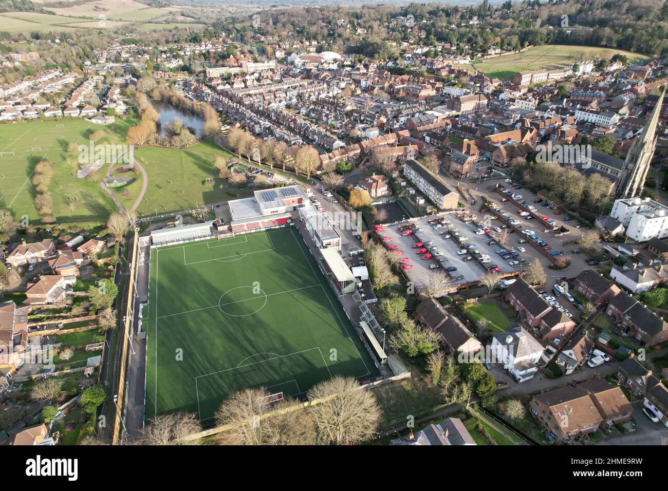 Dorking Wanderers ground Surrey UK Aerial drone view Stock Photo