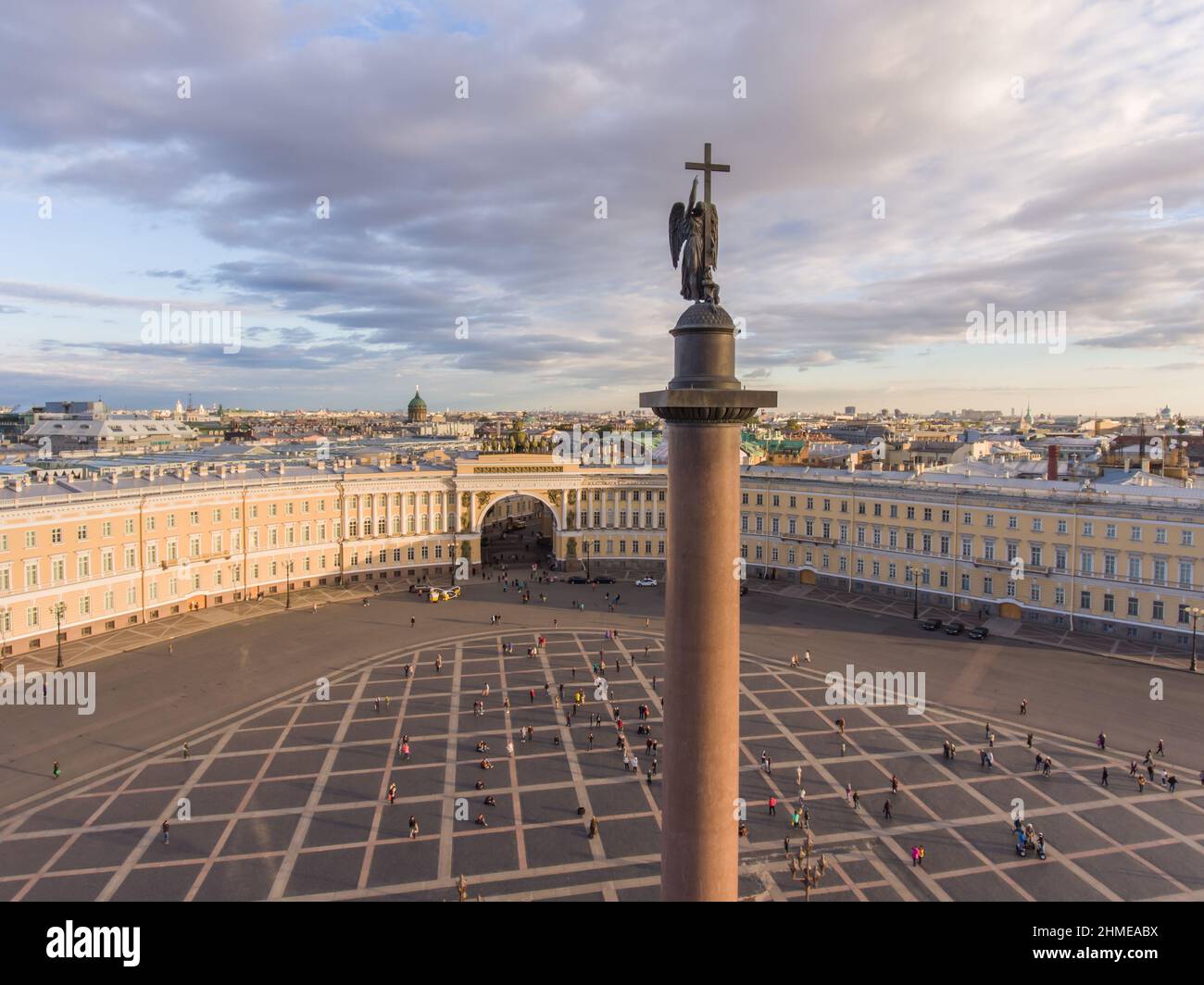 Aerial view of Palace Square and Alexander Column at sunset, a dome of ...