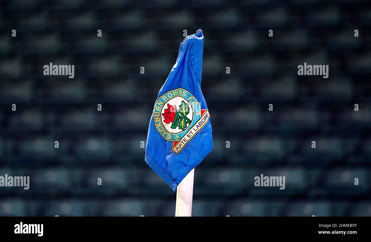A general view of a Blackburn Rovers branded corner flag at Ewood Park