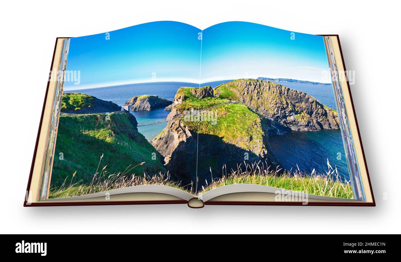 Typical Irish landscape with suspended bridge on cliffs (Northern Ireland - United Kingdom - Carrick a Rede) - 3D render of an open photo album  - I'm Stock Photo