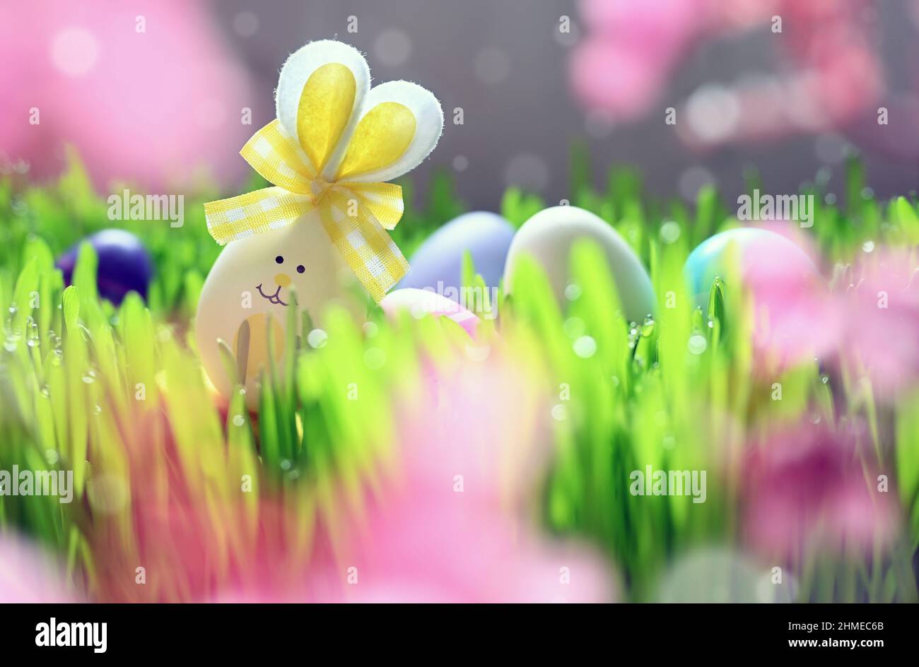 Easter eggs as cute bunnies on green grass against pink background. Holiday concept. Stock Photo