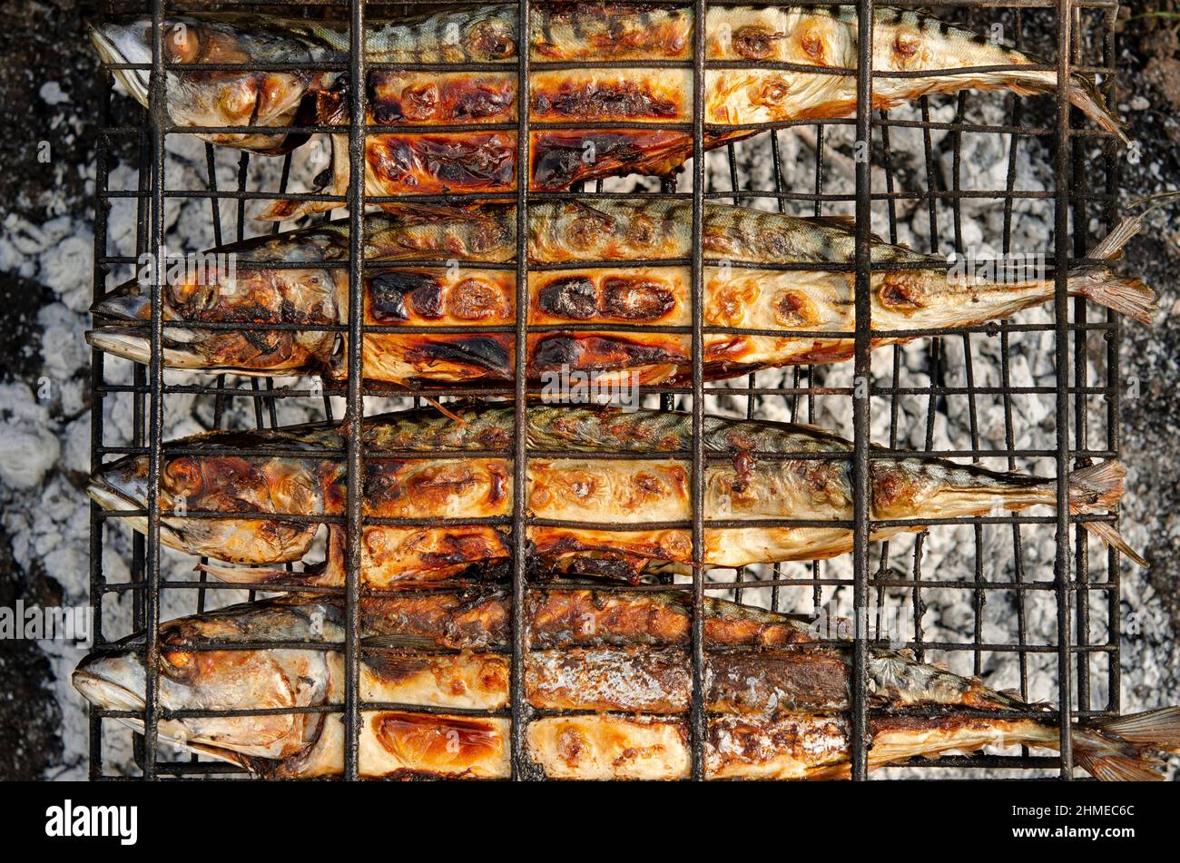 Delicious grilled mackerel fish inside grill grid on charcoal grill