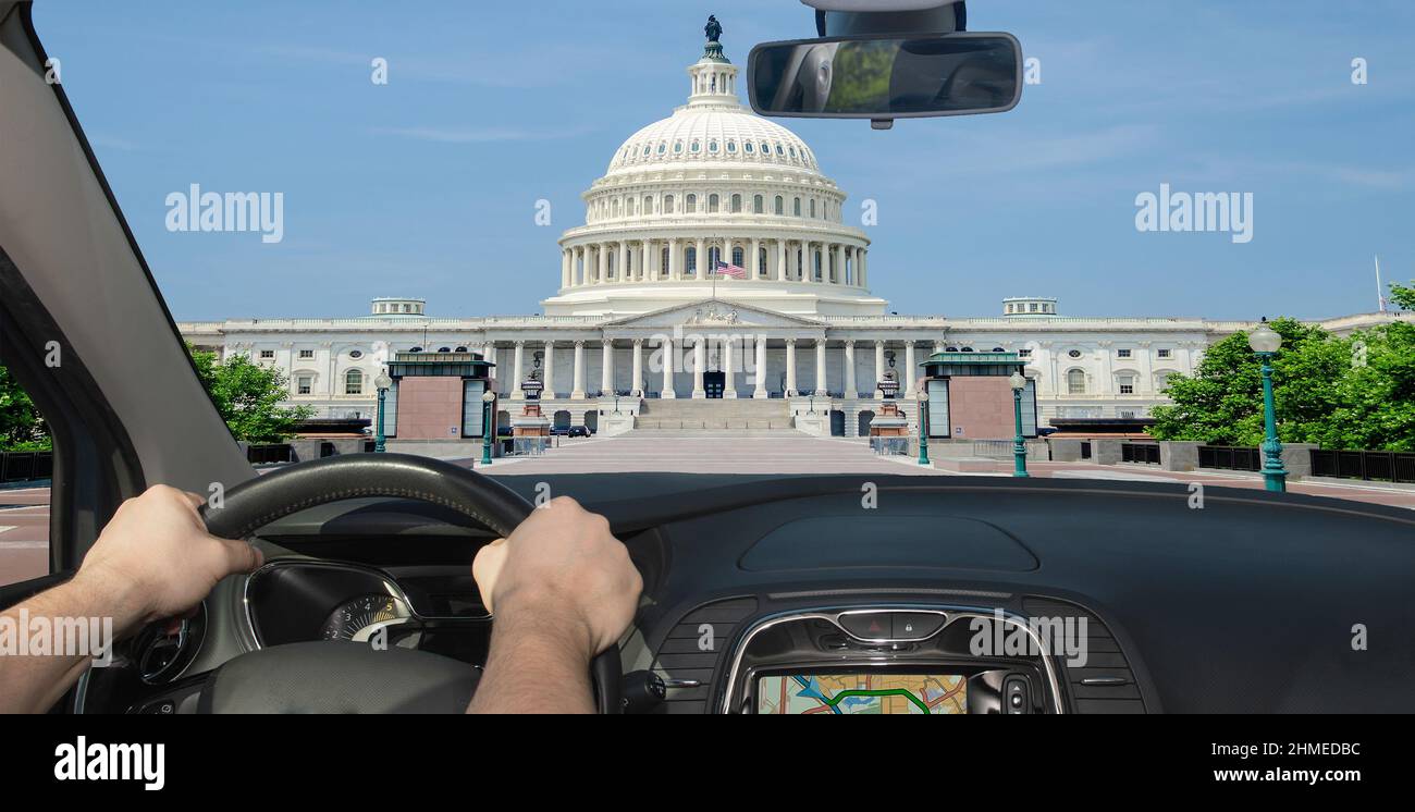 Driving a car towards United States Capitol building, iconic home of