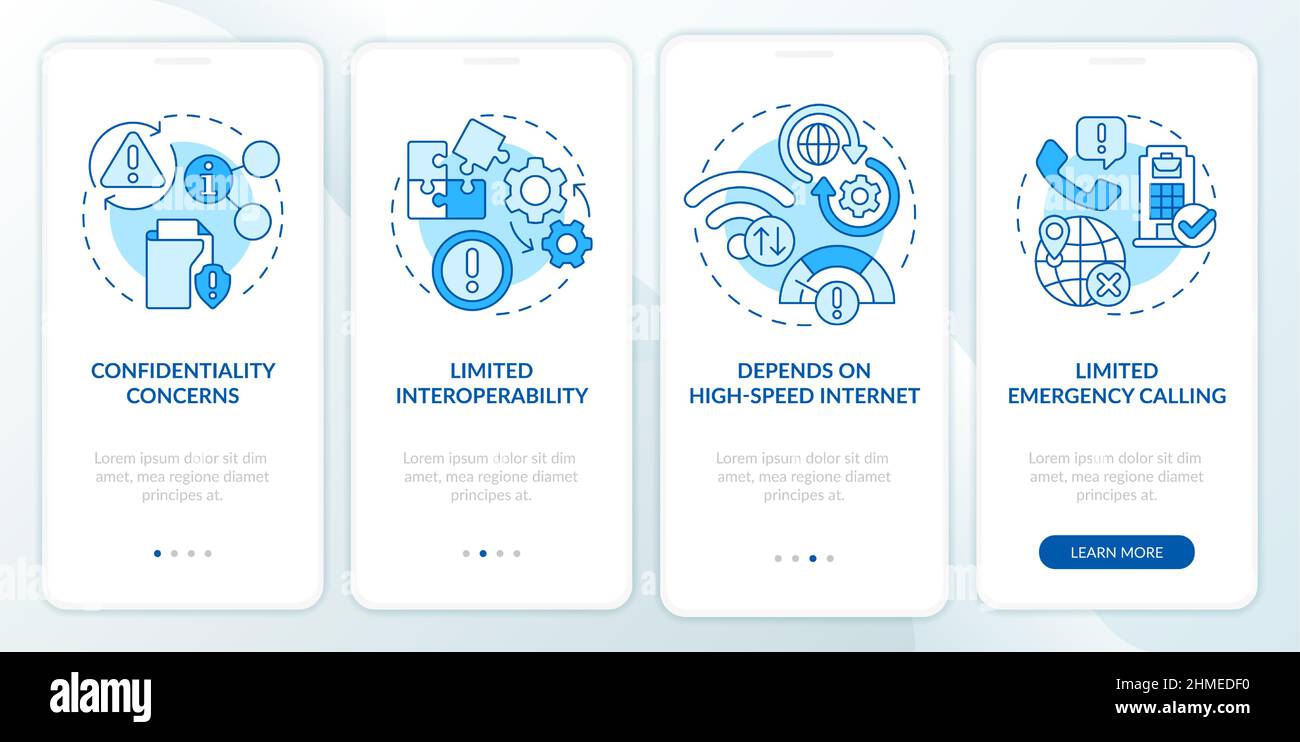 UCaaS risks blue onboarding mobile app screen Stock Vector