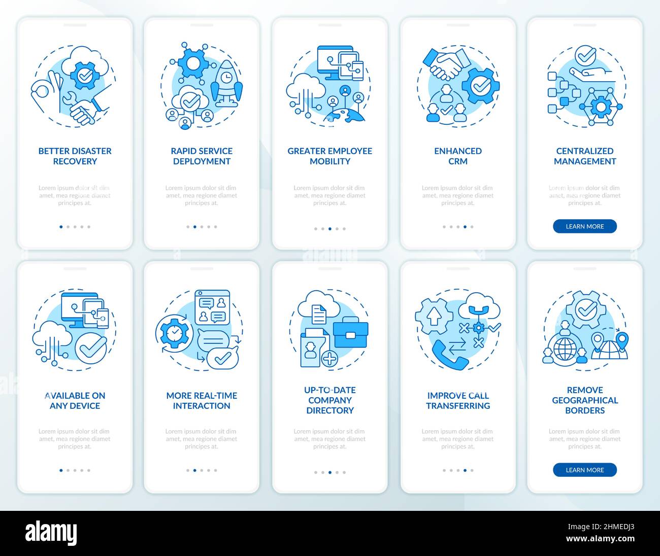 UCaaS blue onboarding mobile app screen set Stock Vector