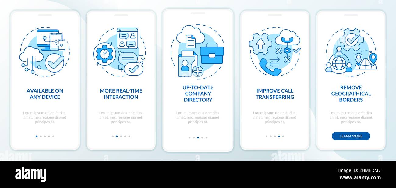 UCaaS benefits blue onboarding mobile app screen Stock Vector
