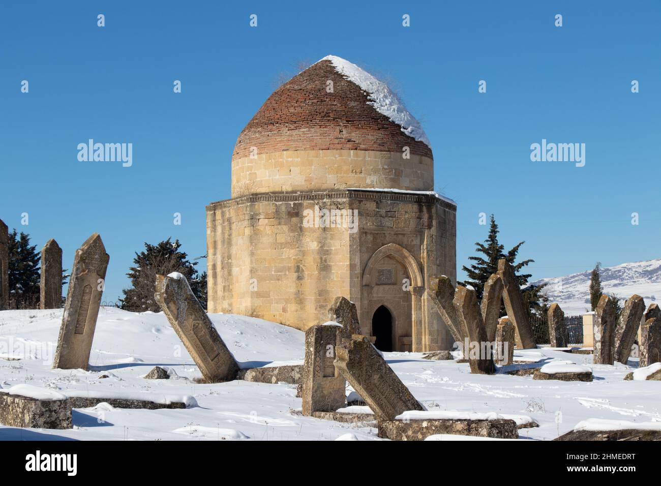 Shamakhi, Azerbaijan. Winter concept. Ancient historical mausoleums complex of the 16th century. Stock Photo