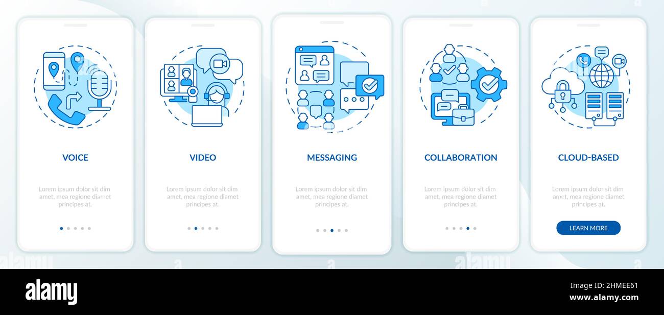 UCaaS functions blue onboarding mobile app screen Stock Vector