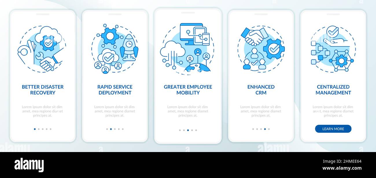 UCaaS advantages blue onboarding mobile app screen Stock Vector