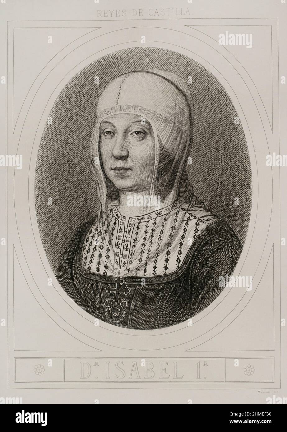 Isabella I (1451-1504). Queen of Castile (1474-1504). Queen consort of Aragon for her marriage to Ferdinand II of Aragon. Portrait. Engraving by Masson. Lithographed by Magín Pujadas. Historia General de España, by Modesto Lafuente. Volume II. Published in Barcelona, 1879. Stock Photo