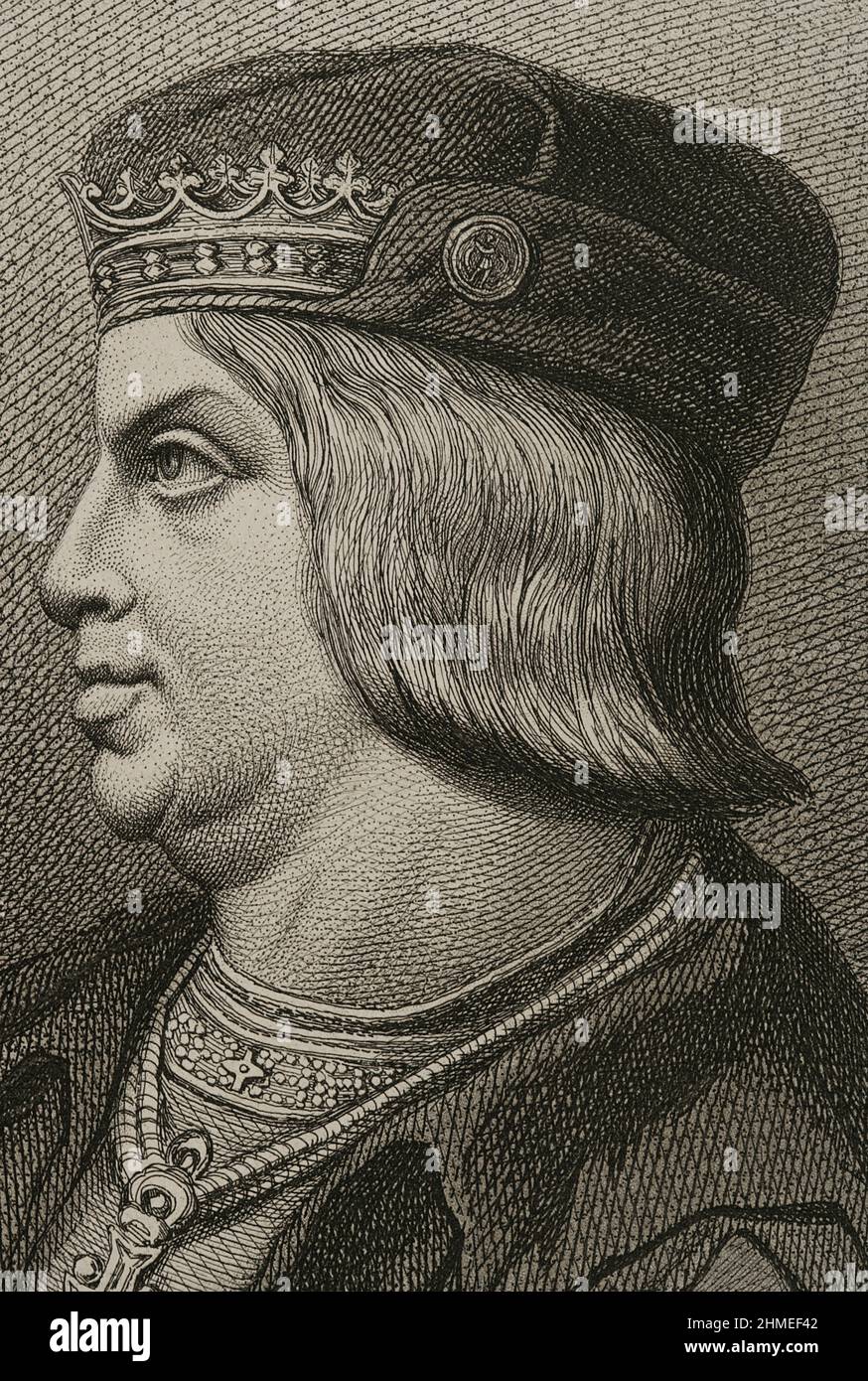 Ferdinand II of Aragon, called The Catholic (1452-1516). King of the Crown of Aragon. King of Castile as Ferdinand V (1474-1504). Portrait. Engraving by Masson. Lithographed by Magín Pujadas. Detail. 'Historia General de España', by Modesto Lafuente. Volume II. Published in Barcelona, 1879. Stock Photo