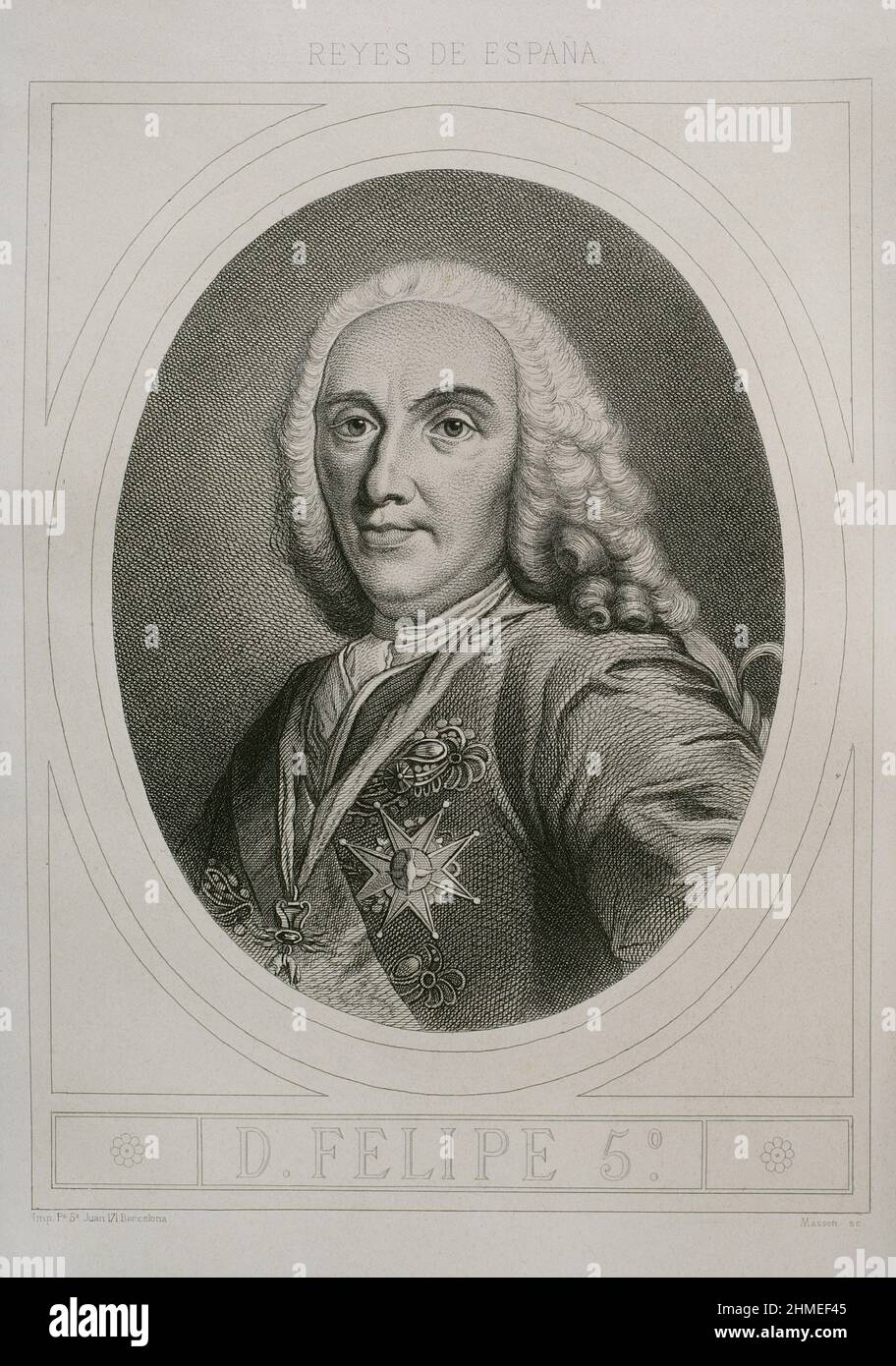 Philip V (1683-1746). King of Spain (1700-1746). Portrait. Engraving by Masson. Lithographed by Magín Pujadas. 'Historia General de España' by Modesto Lafuente. Volume IV. Published in Barcelona, 1879. Stock Photo
