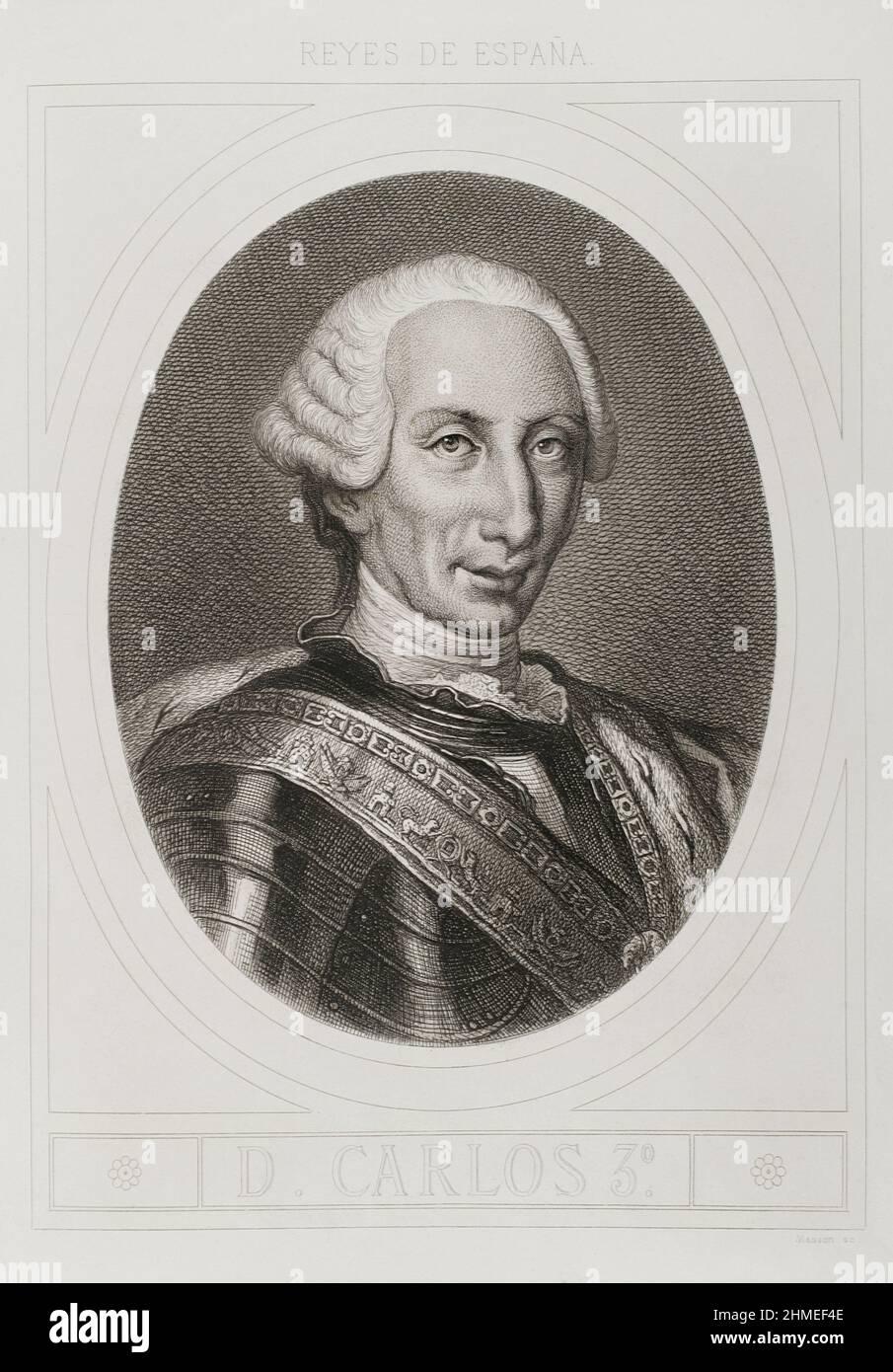 Charles III (1716-1788). King of Spain. Bourbon dynasty. Portrait. Engraving by Masson. Lithographed by Magín Pujadas. 'Historia General de España', by Modesto Lafuente. Volume IV. Published in Barcelona, 1879. Stock Photo