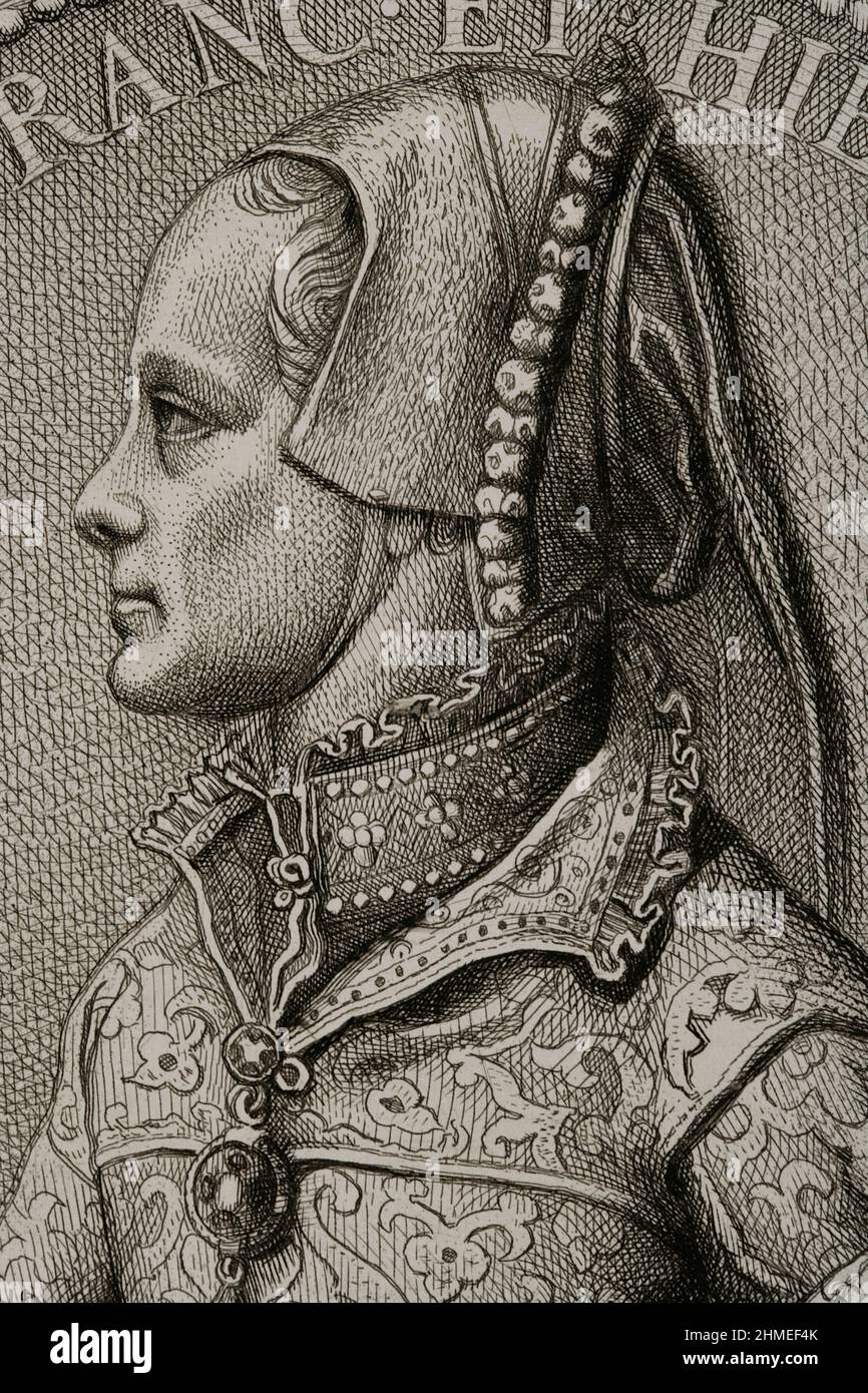 Mary I Tudor (1516-1558). Queen of England and Ireland (1553-1558). Daughter of Henry VIII and Catherine of Aragon. Portrait. Engraving by Masson. Lithographed by Magín Pujadas. Detail. 'Historia General de España' by Modesto Lafuente. Volume II. Published in Barcelona, 1879. Stock Photo