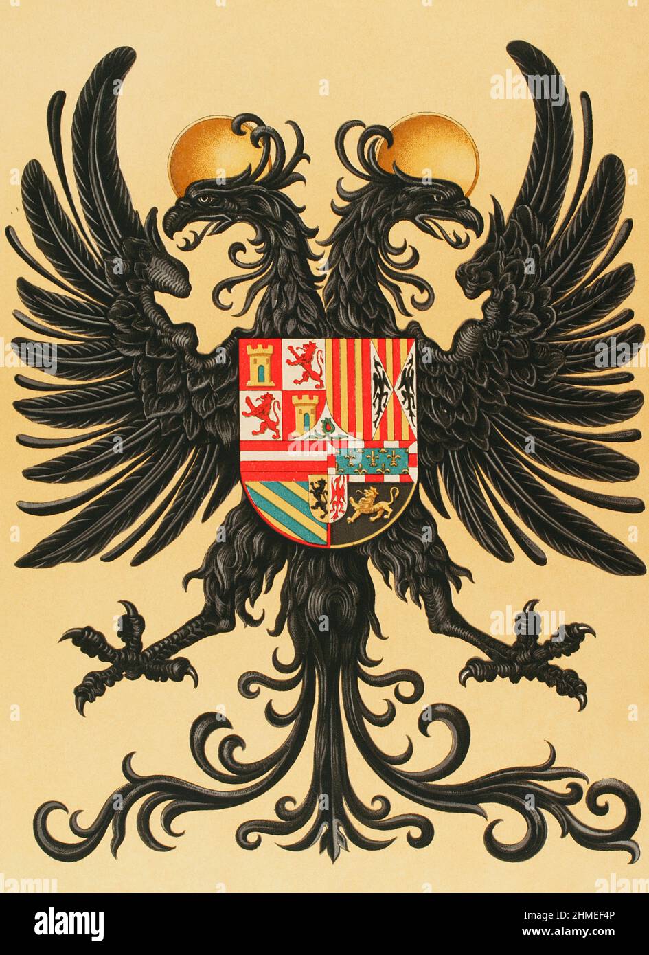 Royal Standard of Charles I of Spain and V of Germany (1500-1558). Two-headed imperial eagle. All his possessions are depicted inside: Castile, Leon, Aragon, Granada, Sicily, Burgundy, Bramante, Austria, escutcheon of Flanders and Tyrol. Chromolithography. Chromolithography. Historia General de España, by Modesto Lafuente. Volume II. Published in Barcelona, 1879. Stock Photo