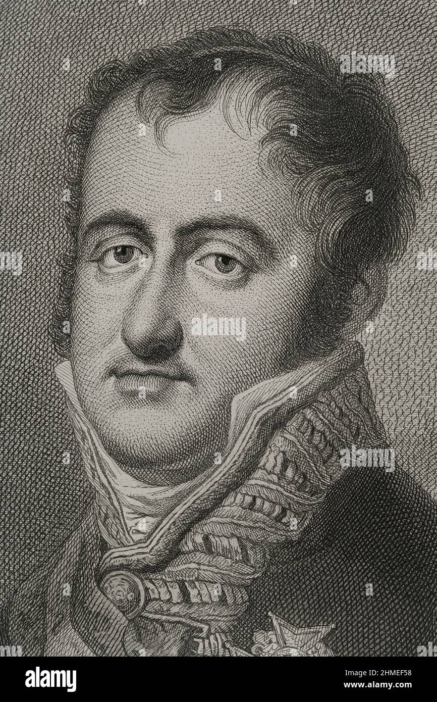 Ferdinand VII (1784-1833). King of Spain (1808-1833). Portrait. Engraving by Masson. Lithographed by Magín Pujadas. Detail. "Historia General de España", by Modesto Lafuente. Volume V. Published in Barcelona, 1880. Stock Photo