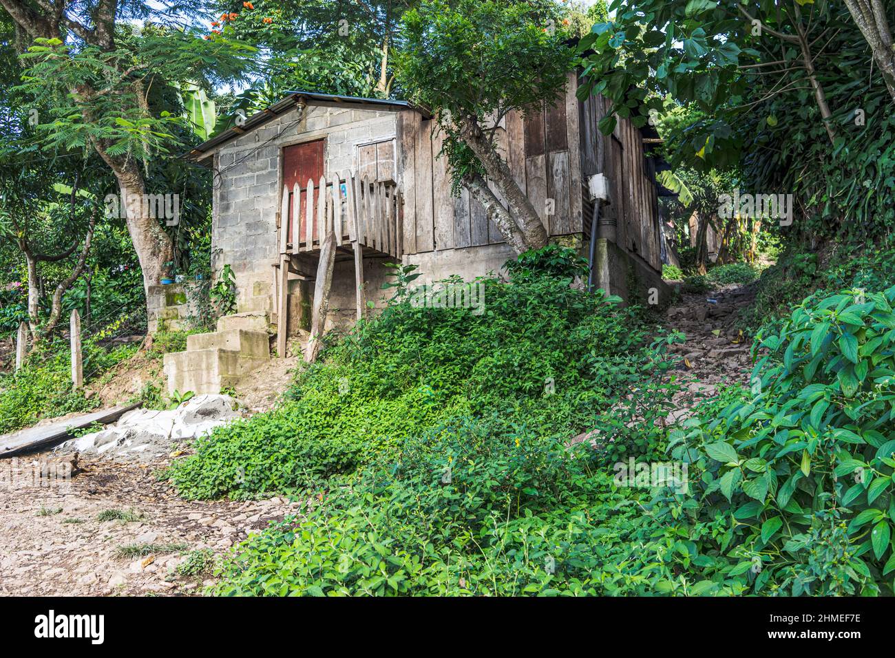 A campesino house made of wood and cinder blocks  on a coffee finca in Jinotega Department, Nicaragua Stock Photo