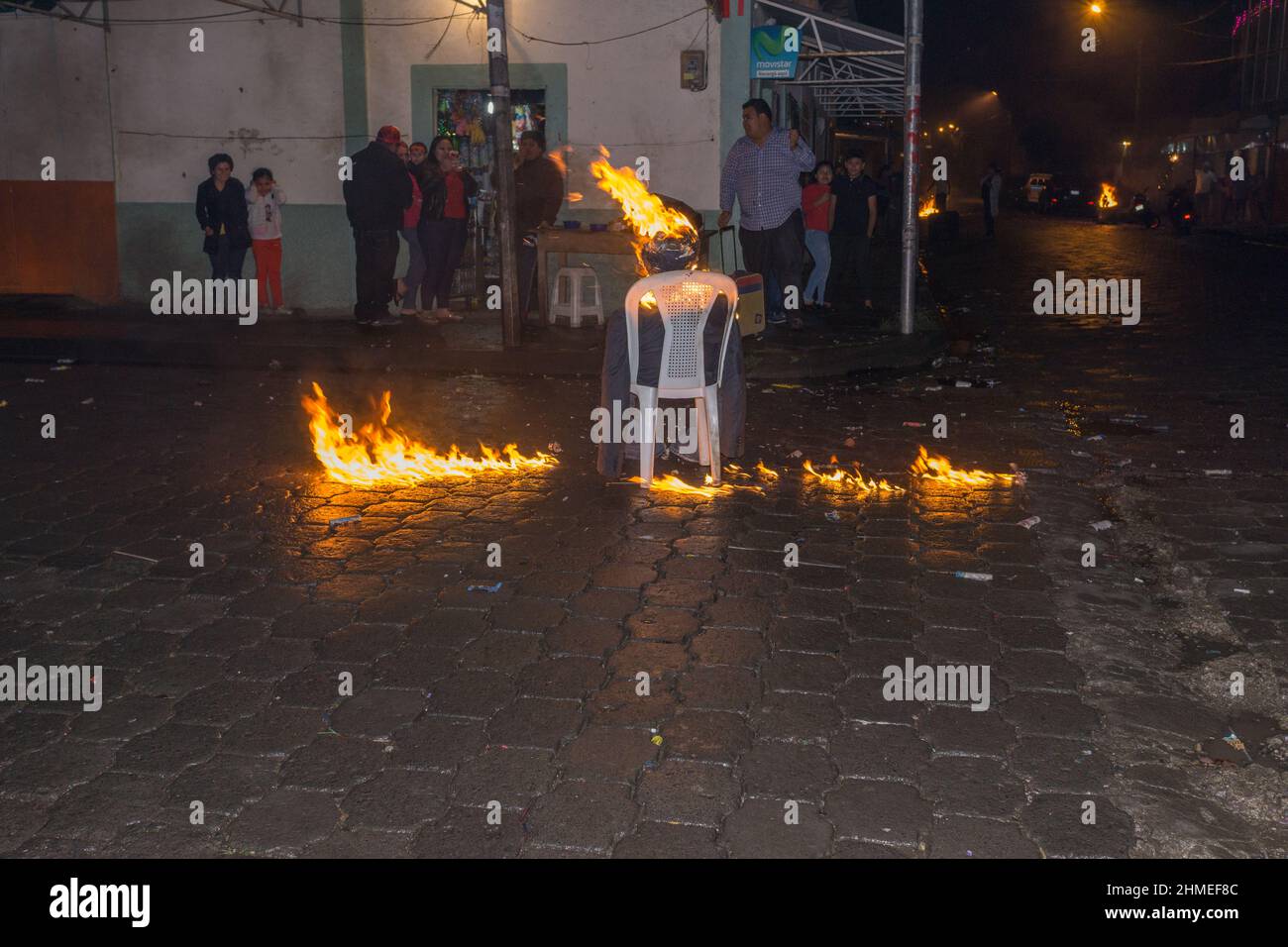 A Jinotega street is full of burning effigies, the Old Men of the Past Year. Stock Photo
