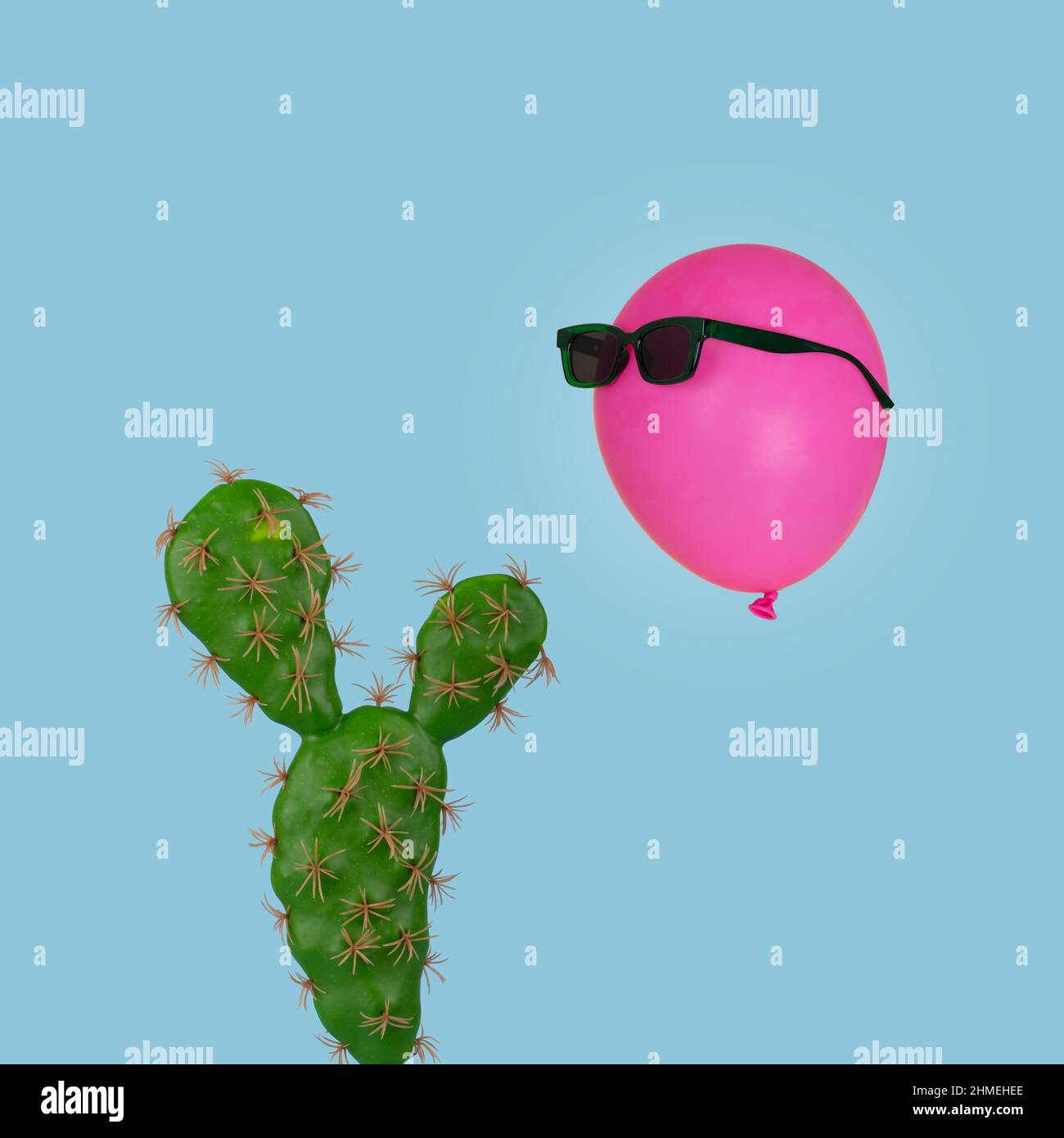Cactus plant with above it floating a pink balloon in sunglasses isolated on a pastel blue background. Creative minimal concept.  Use for card, poster Stock Photo