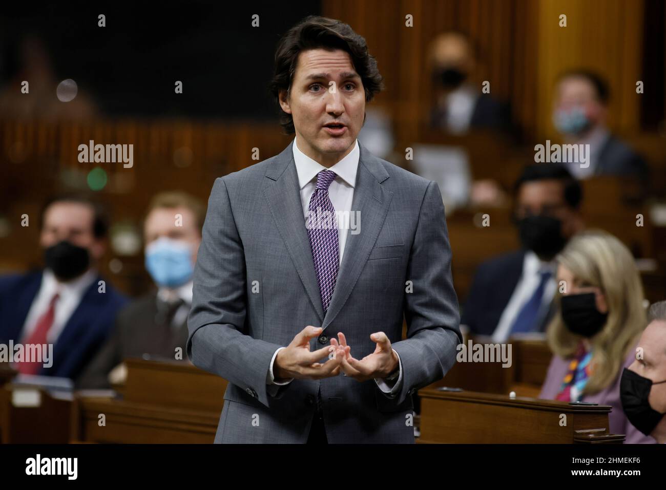 Canada's Prime Minister Justin Trudeau speaks during Question Period in the House of Commons on Parliament Hill in Ottawa, Ontario, Canada February 9, 2022. REUTERS/Blair Gable Stock Photo