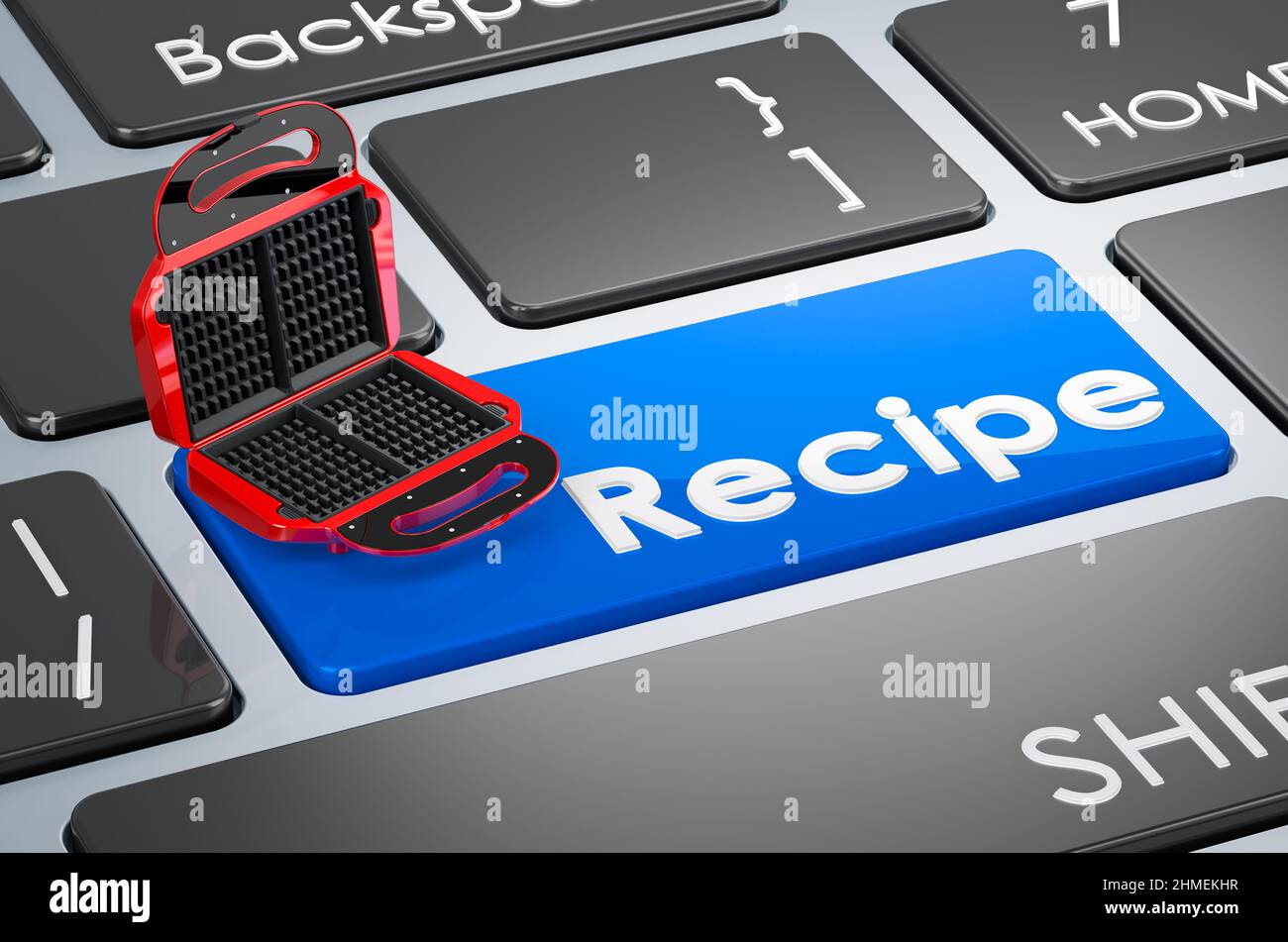 Waffle iron on keyboard. Recipe blue key. 3D rendering Stock Photo