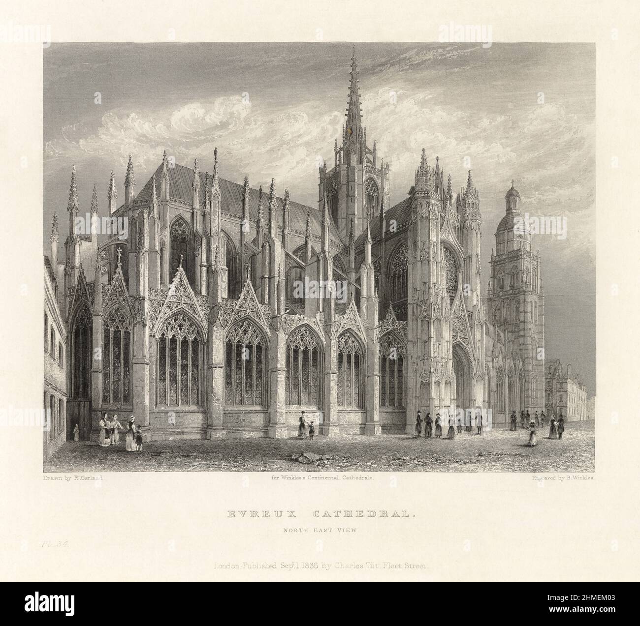 French Cathedral, Evreux Cathedral, Beauvais, Oise, Evreux, Antique French Engraving, 1837 Stock Photo