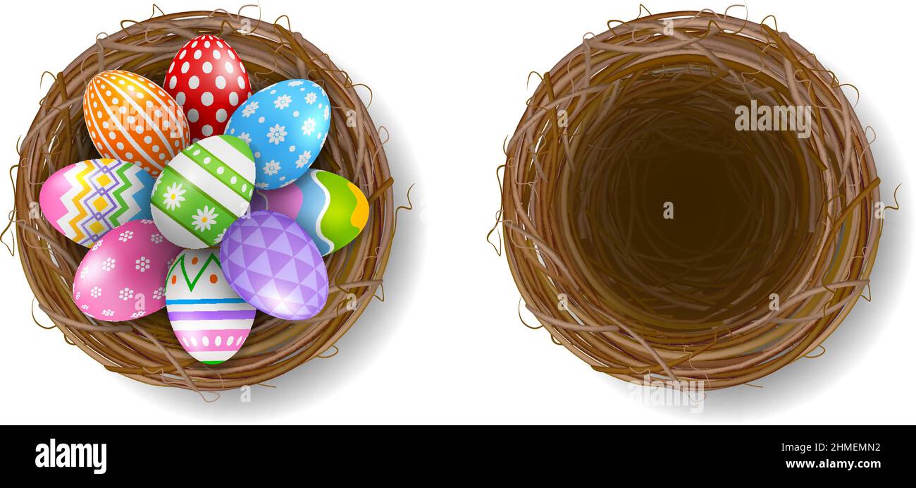 Empty nest and nest with easter eggs Stock Vector