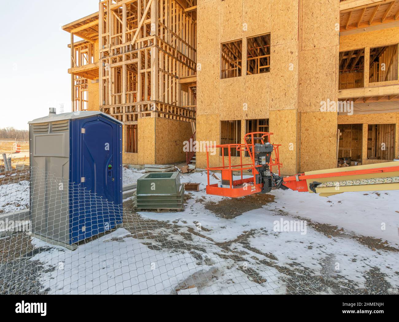 Horizontal shot of new apartment construction site. Stock Photo